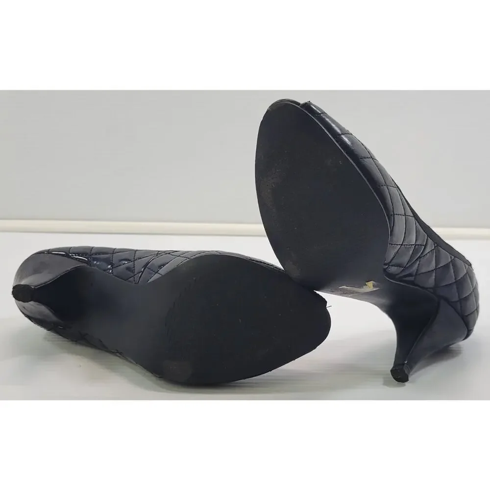 BG) Dressbarn Woman Quilted High Open Toe Black Heel Shoes 8M